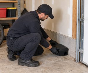 A pest control technician placing a rodenticide station inside a garage.