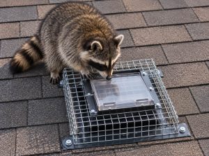 A raccoon investigating a one way door.