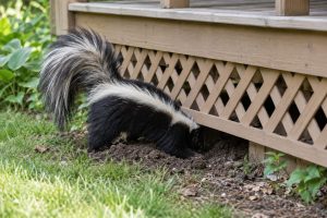 A skunk digging under a raised deck.