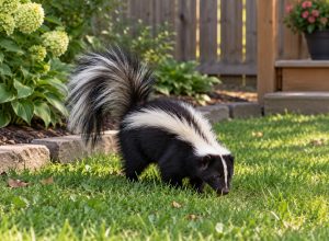 A skunk in a backyard.