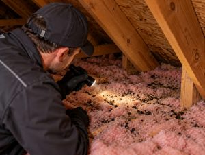 A wildlife technician inspection bat guano in an attic.